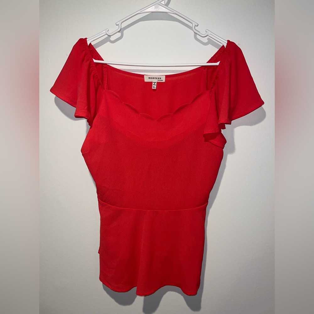 Monteau Red Flutter Sleeve Blouse Scallop Neckline Size XL